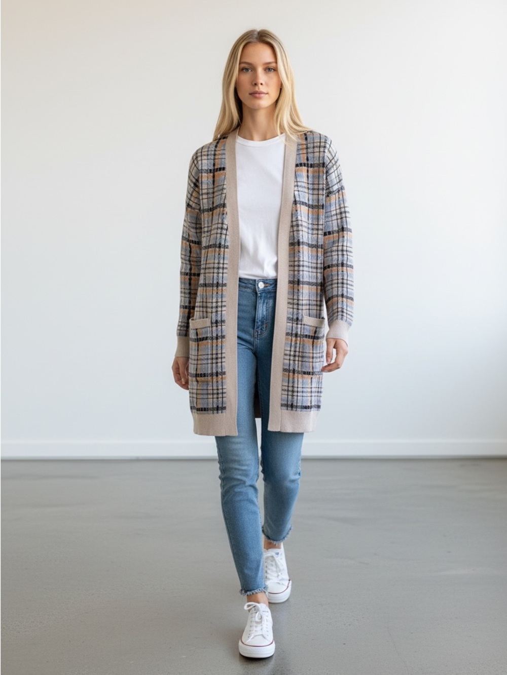 Max Studio Plaid Open Cardigan with Pockets size Small